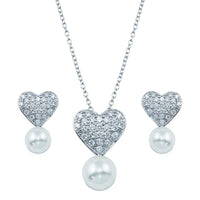 Rhodium Plated 925 Sterling Silver Pearl Clear Heart CZ Hanging Set - BGS00217