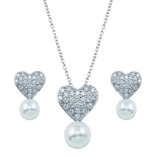 Rhodium Plated 925 Sterling Silver Pearl Clear Heart CZ Hanging Set - BGS00217