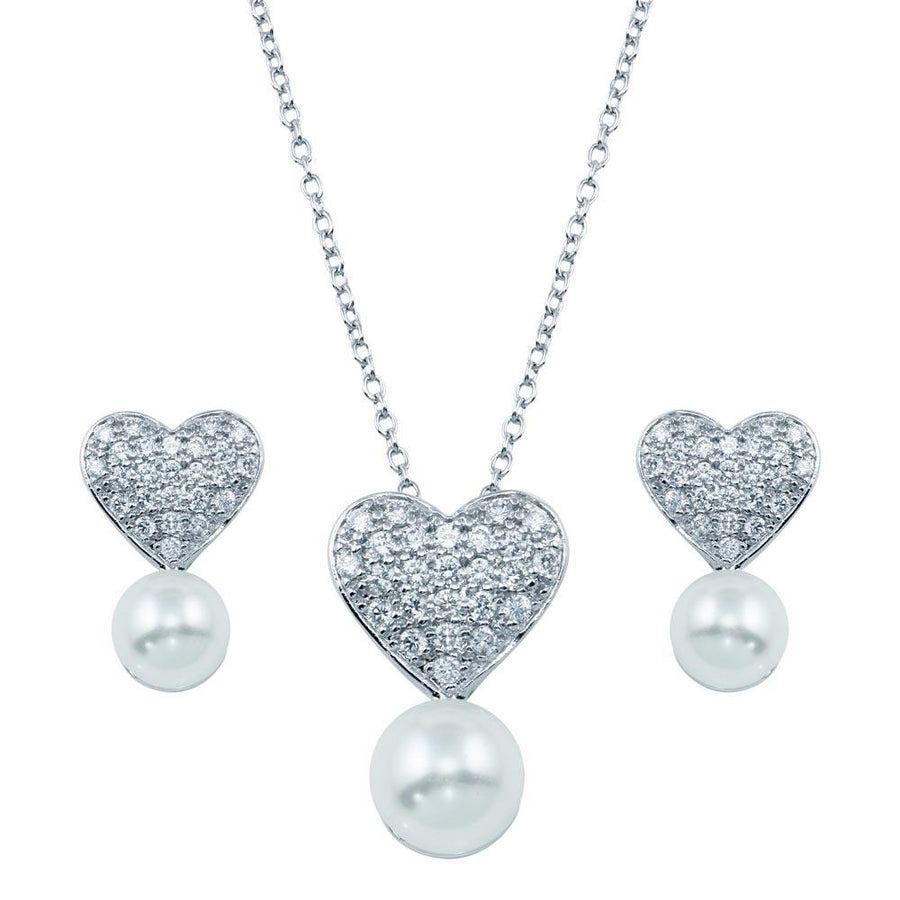 Rhodium Plated 925 Sterling Silver Pearl Clear Heart CZ Hanging Set - BGS00217