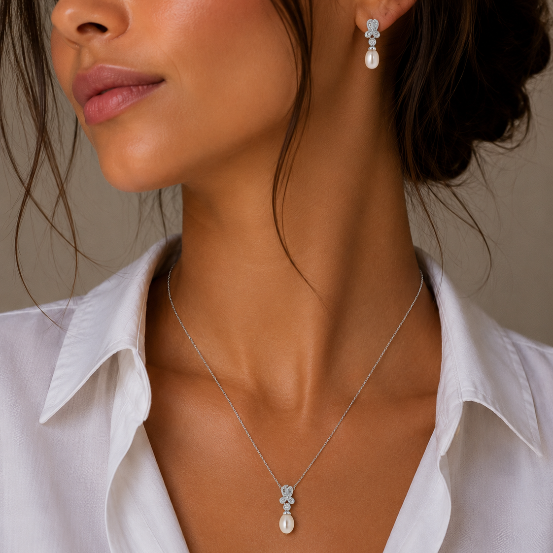 Silver 925 Rhodium Plated Fresh Water Pearl Flower Clear CZ Hanging Set - BGS00242