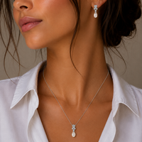 Silver 925 Rhodium Plated Fresh Water Pearl Flower Clear CZ Hanging Set - BGS00242