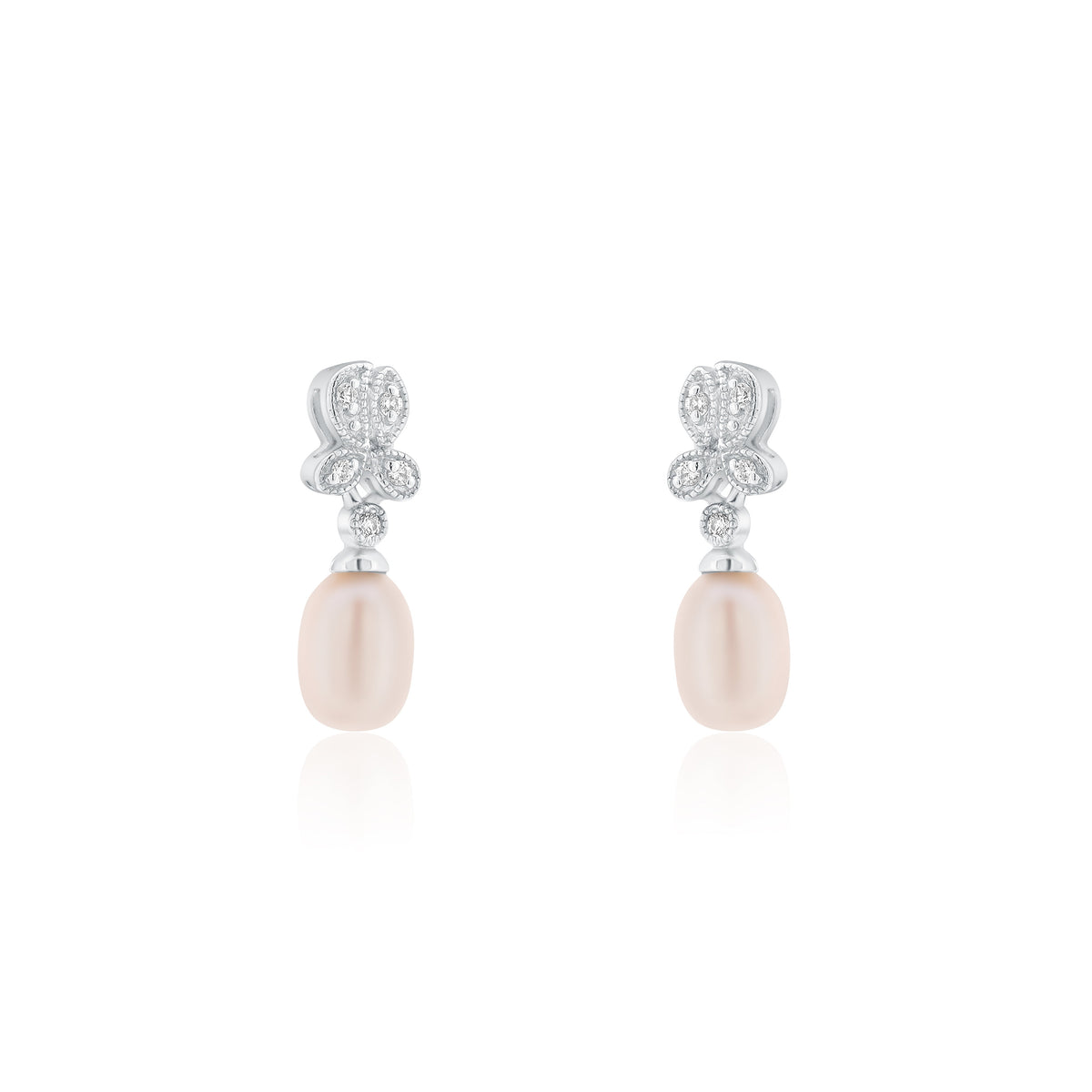 Silver 925 Rhodium Plated Fresh Water Pearl Flower Clear CZ Hanging Set - BGS00242