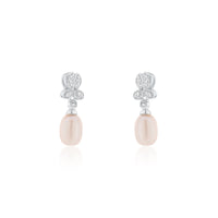 Silver 925 Rhodium Plated Fresh Water Pearl Flower Clear CZ Hanging Set - BGS00242