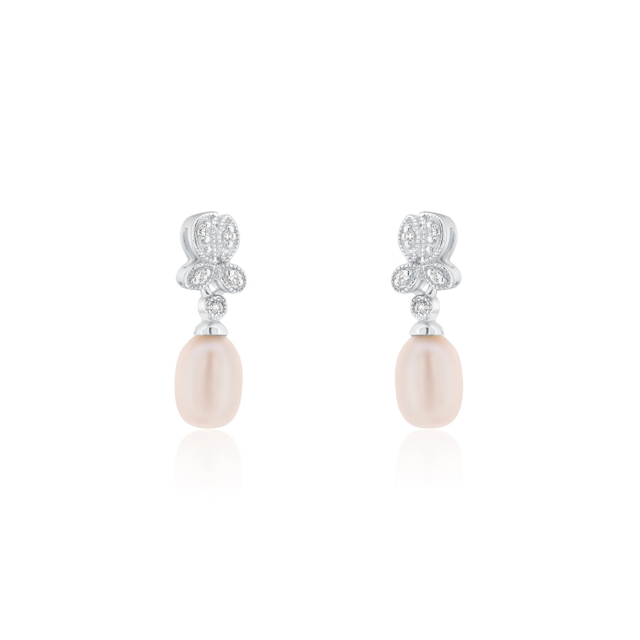 Silver 925 Rhodium Plated Fresh Water Pearl Flower Clear CZ Hanging Set - BGS00242