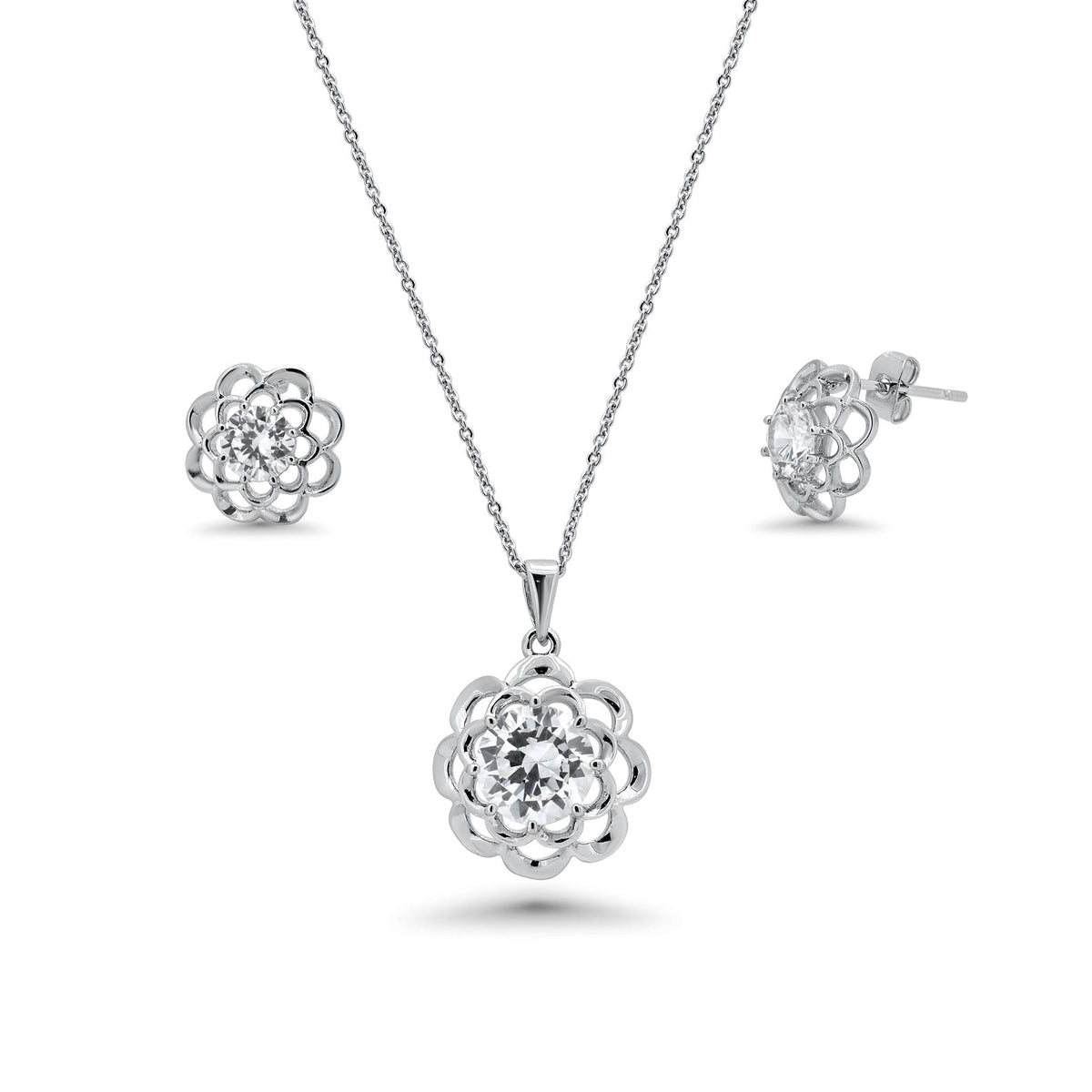 Rhodium Plated 925 Sterling Silver Clear Flower CZ Stud Earring and Necklace Set - BGS00248