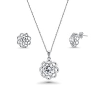 Rhodium Plated 925 Sterling Silver Clear Flower CZ Stud Earring and Necklace Set - BGS00248