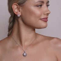 Rhodium Plated 925 Sterling Silver Clear Flower CZ Stud Earring and Necklace Set - BGS00248