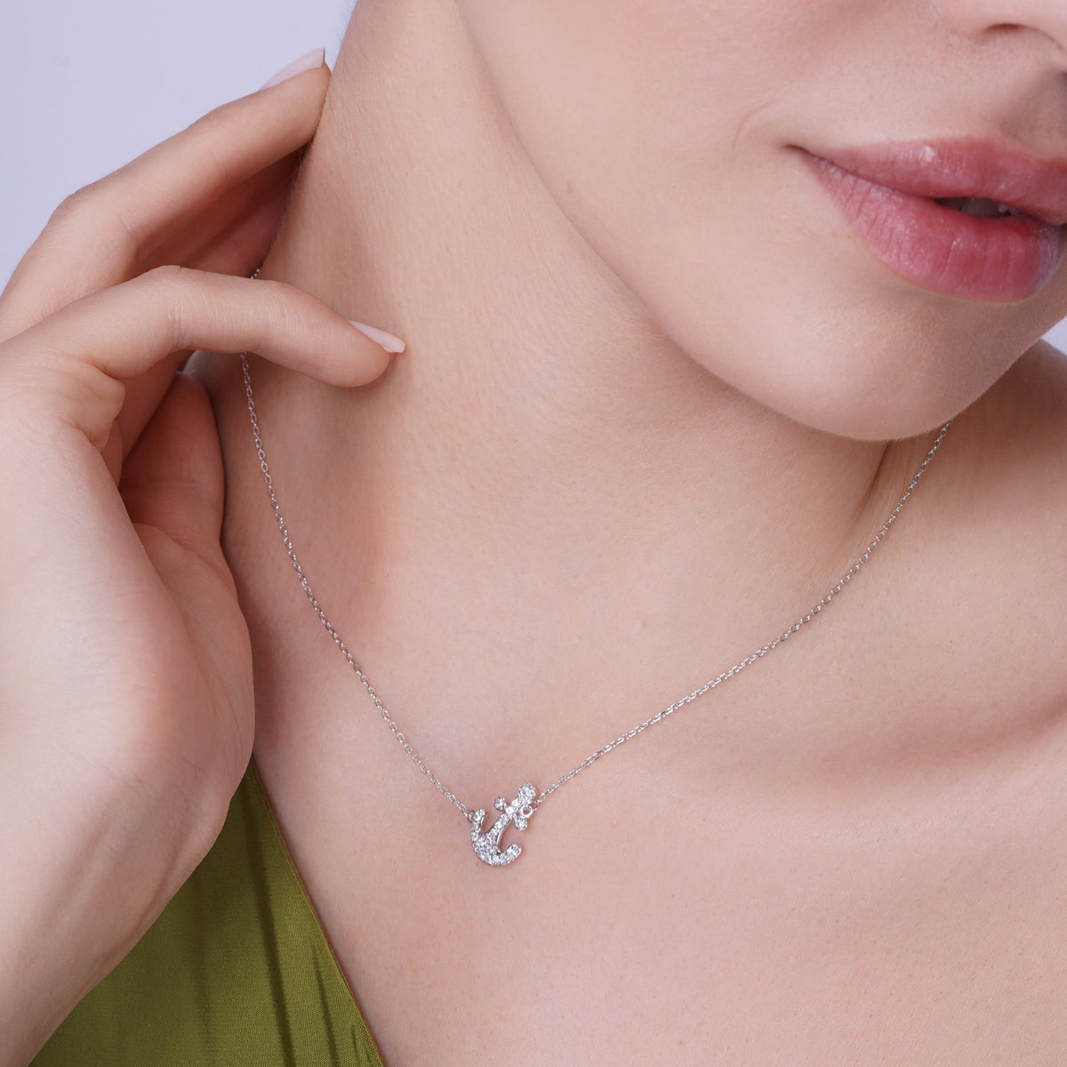Silver 925 Rhodium Plated Pave Set Clear Anchor CZ Stud Earring and Necklace Set - BGS00307