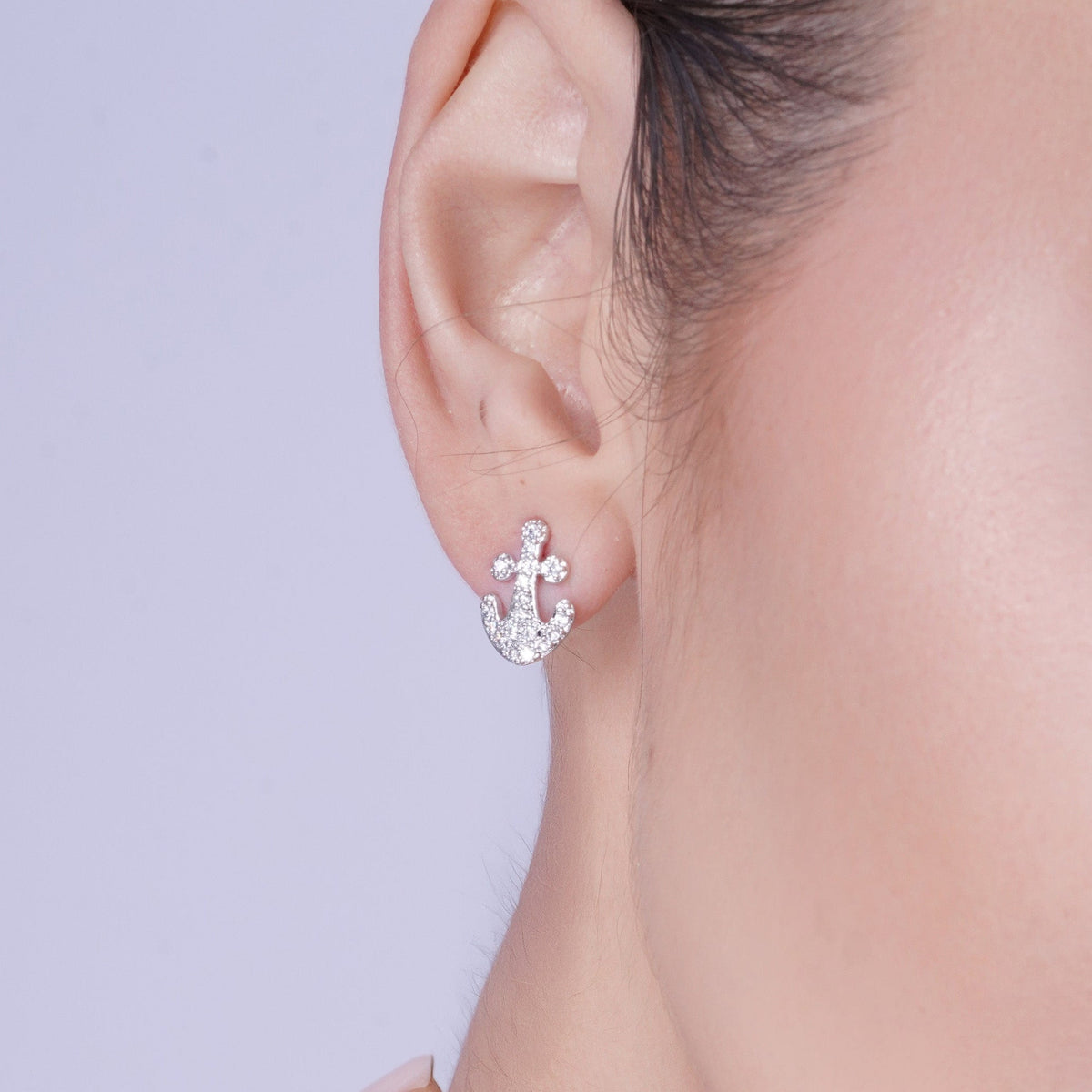 Silver 925 Rhodium Plated Pave Set Clear Anchor CZ Stud Earring and Necklace Set - BGS00307