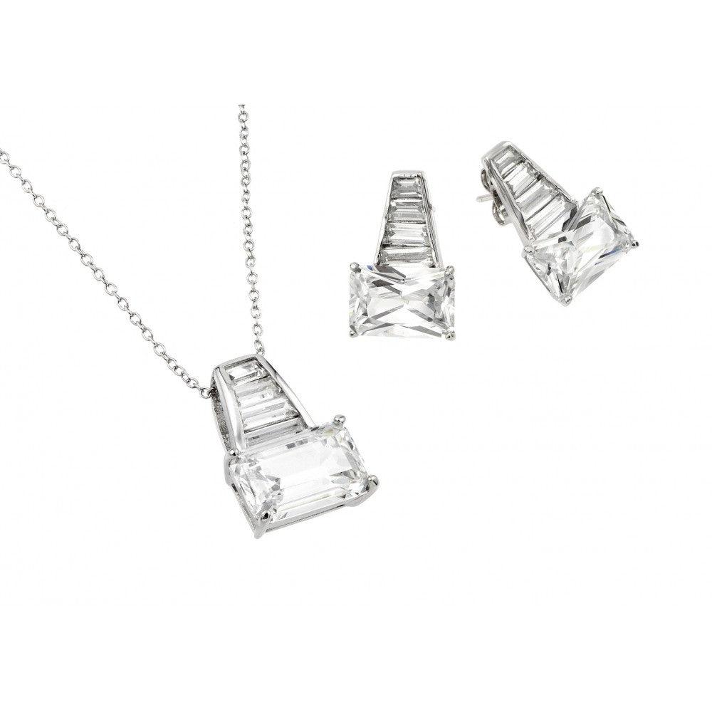 Silver 925 Rhodium Plated Clear Baguette CZ Stud Earring and Necklace Set - BGS00376