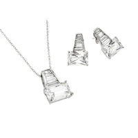 Silver 925 Rhodium Plated Clear Baguette CZ Stud Earring and Necklace Set - BGS00376
