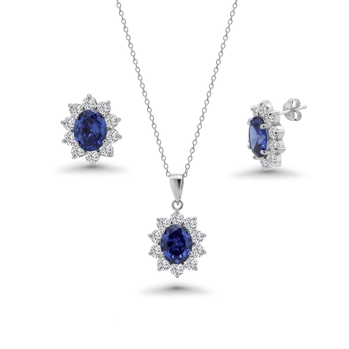Rhodium Plated 925 Silver Clear & Blue Oval CZ Earring and Necklace Set - BGS00394