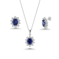 Rhodium Plated 925 Silver Clear & Blue Oval CZ Earring and Necklace Set - BGS00394