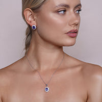 Rhodium Plated 925 Silver Clear & Blue Oval CZ Earring and Necklace Set - BGS00394