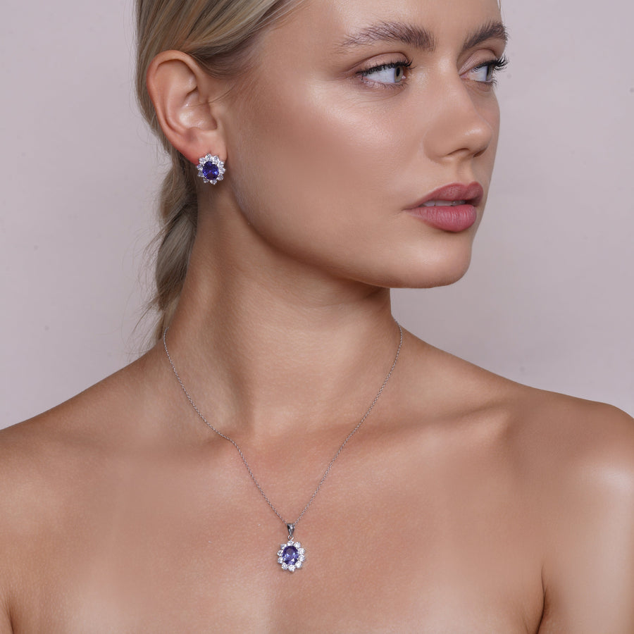 Rhodium Plated 925 Silver Clear & Blue Oval CZ Earring and Necklace Set - BGS00394