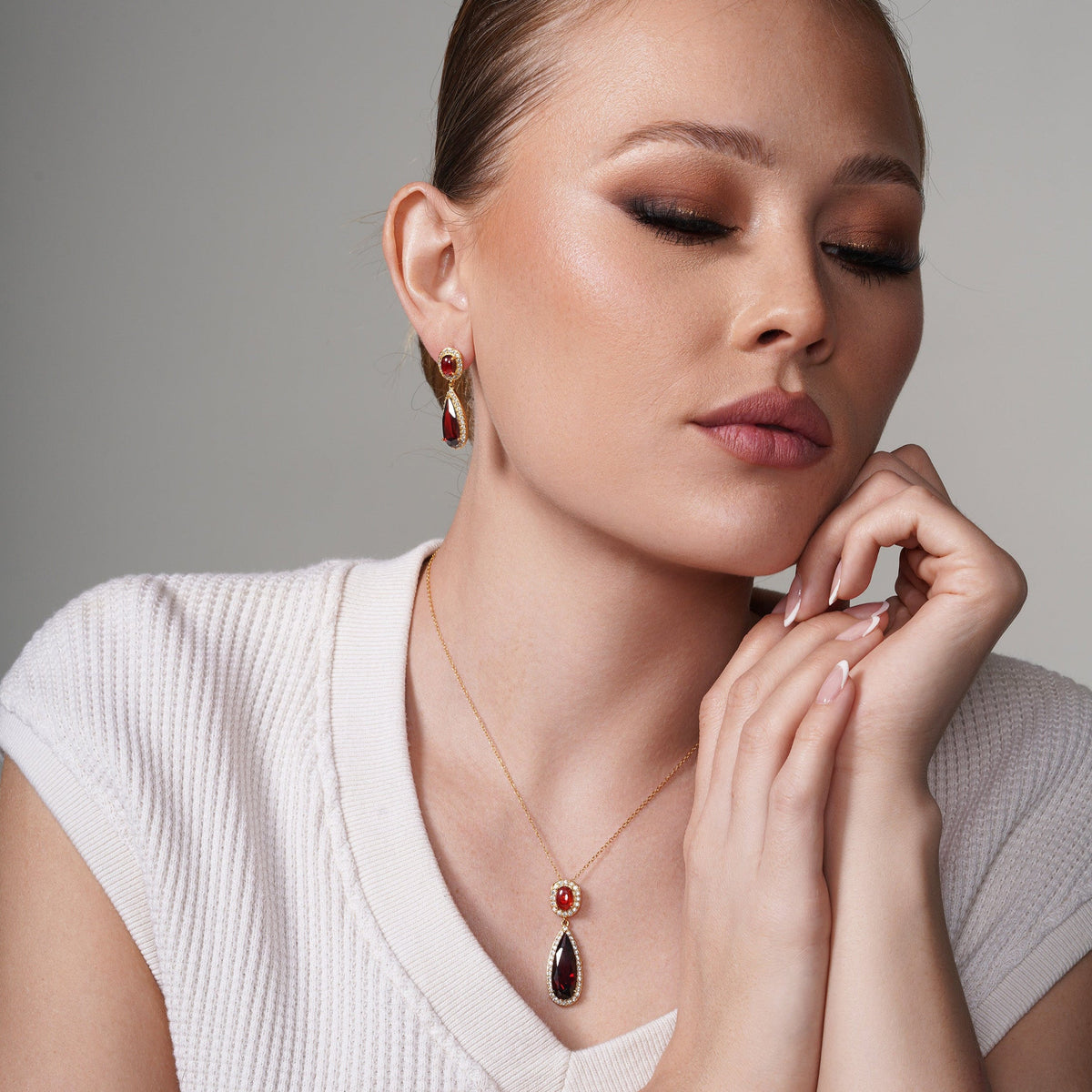 Silver 925 Gold Plated Clear and Red Oval Slim Teardrop CZ Dangling Stud Earring and Dangling Necklace Set - BGS00395