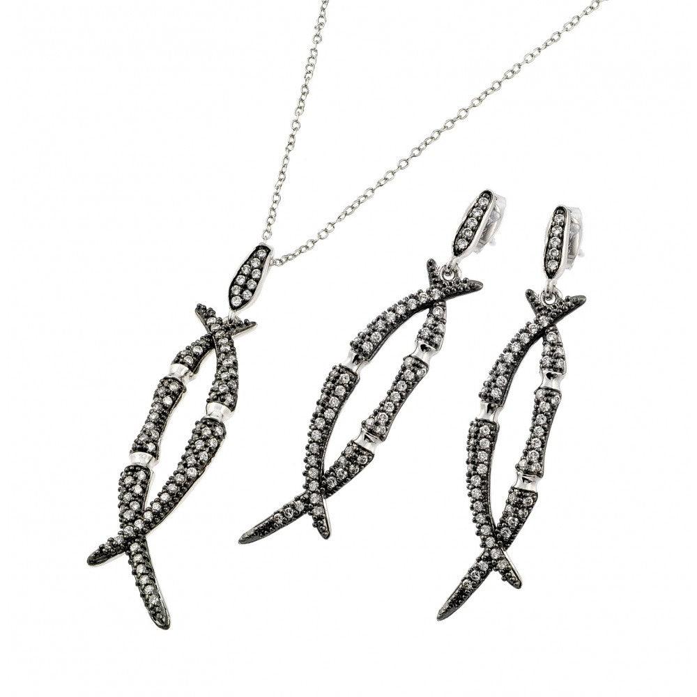 Clearance-Silver 925 Black Rhodium Plated Clear Overlap Marquise CZ Dangling  Set - BGS00412