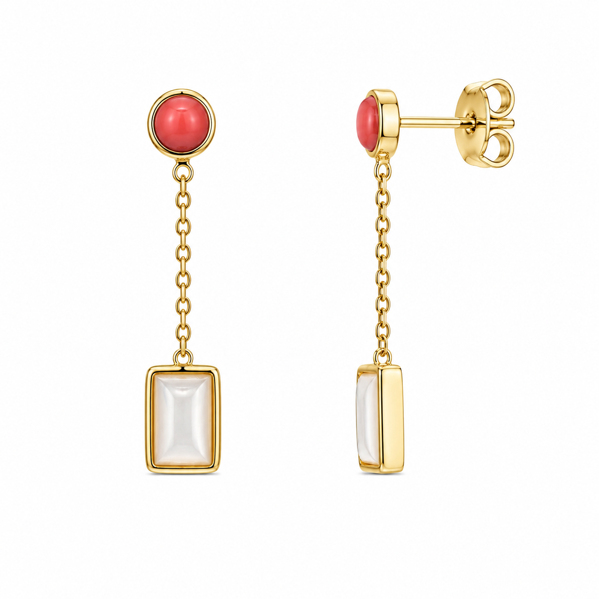 Rhodium or Gold Plated 925 Silver Turquoise Coral White Abalone Shell Dangling Stud Earring and Necklace Set - BGS00416