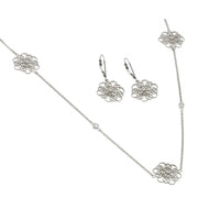 Silver 925 Rhodium Plated Clear Flower Filigree CZ Leverback Earring and Necklace Set - BGS00422