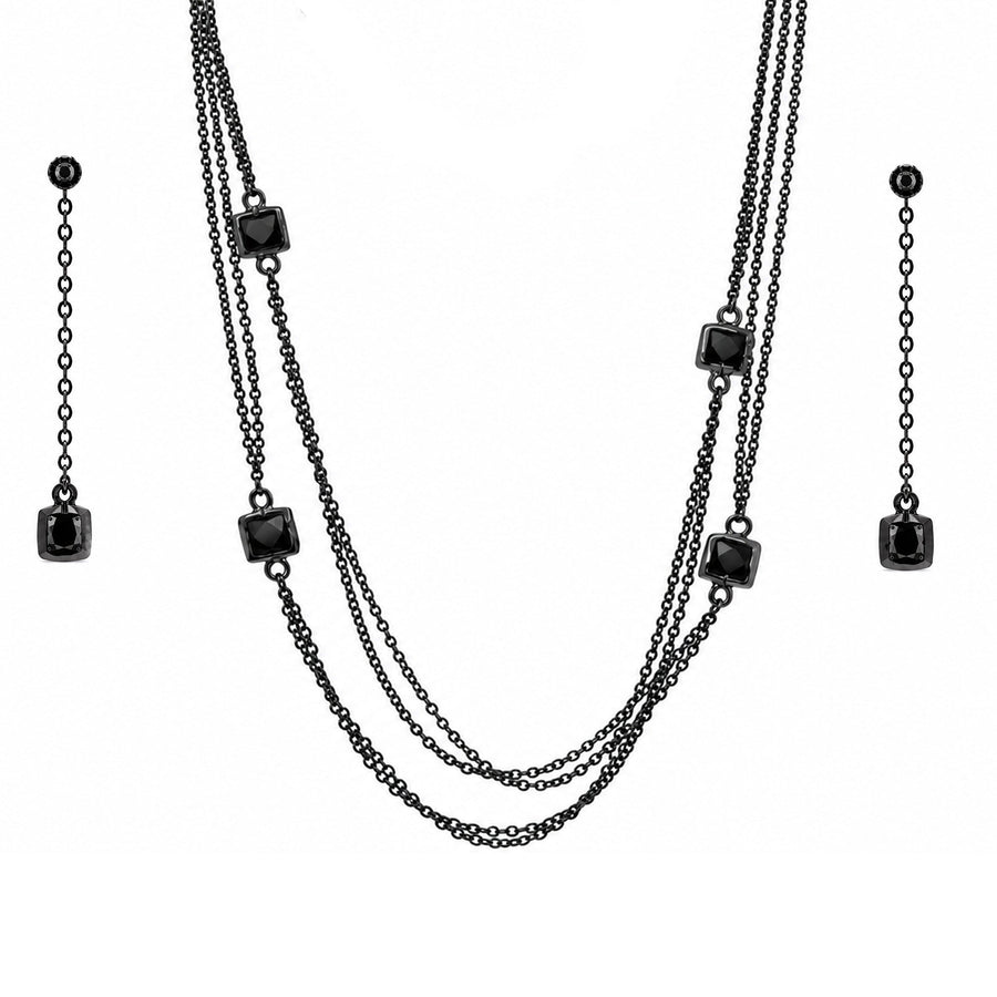 Clearance-Black Rhodium Plated Square CZ Lariat Earring Necklace Set - BGS00425