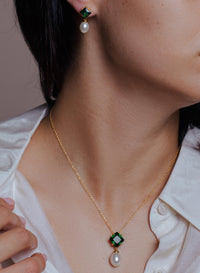 Gold Plated 925 Sterling Silver Pearl Drop Diamond Shaped CZ Birthstone Earring and Necklace Set - BGS00432