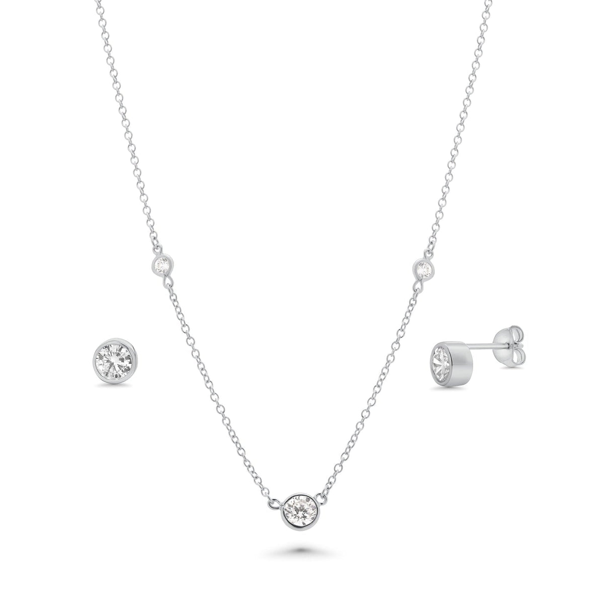 Silver 925 Rhodium Plated Clear Individual CZ Stud Earring and Bezel Chain Necklace Set - BGS00449