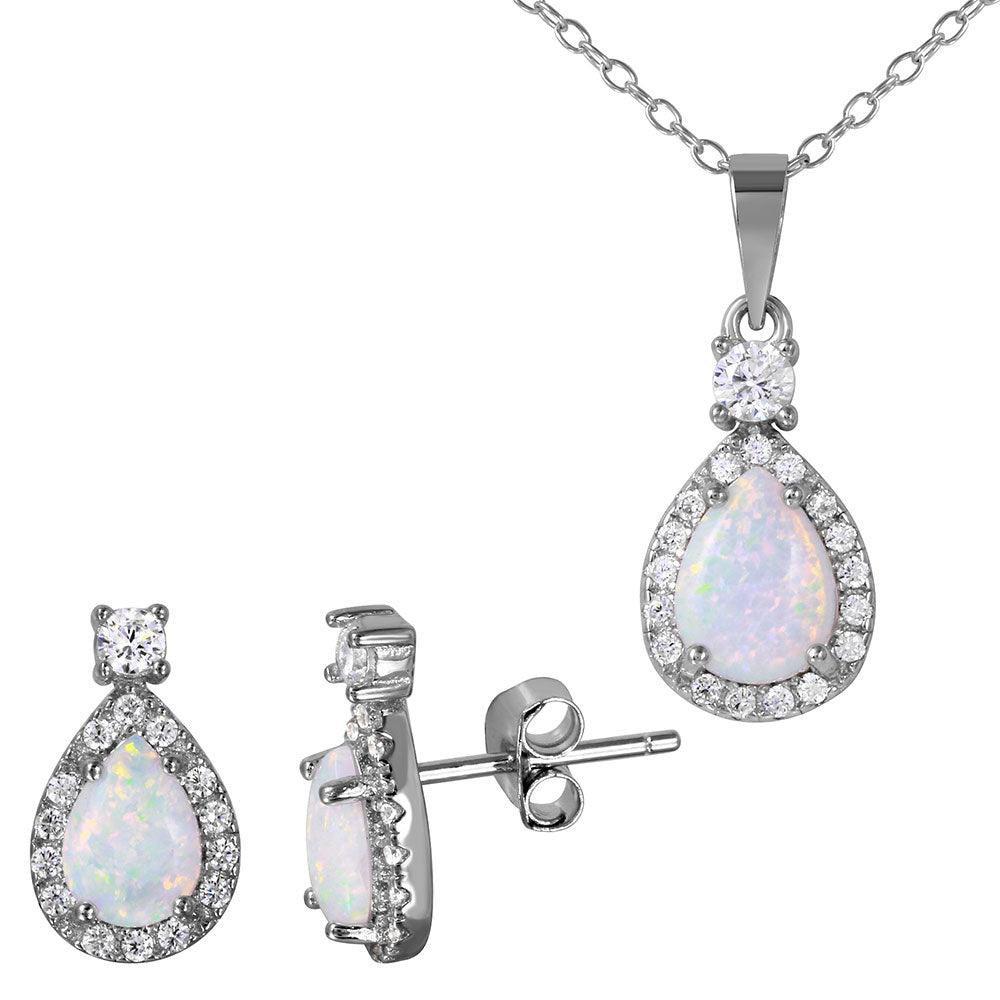 Silver 925 Rhodium Plated Halo Teardrop Set with Synthetic Opal and CZ - BGS00473