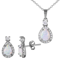 Silver 925 Rhodium Plated Halo Teardrop Set with Synthetic Opal and CZ - BGS00473