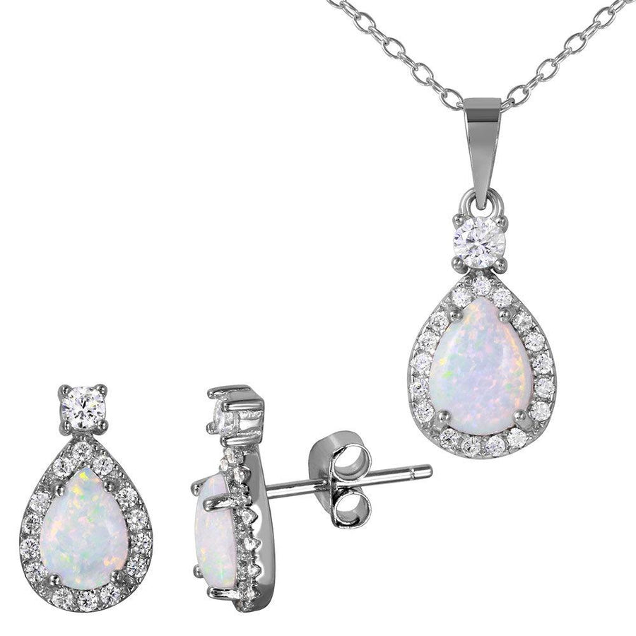 Silver 925 Rhodium Plated Halo Teardrop Set with Synthetic Opal and CZ - BGS00473