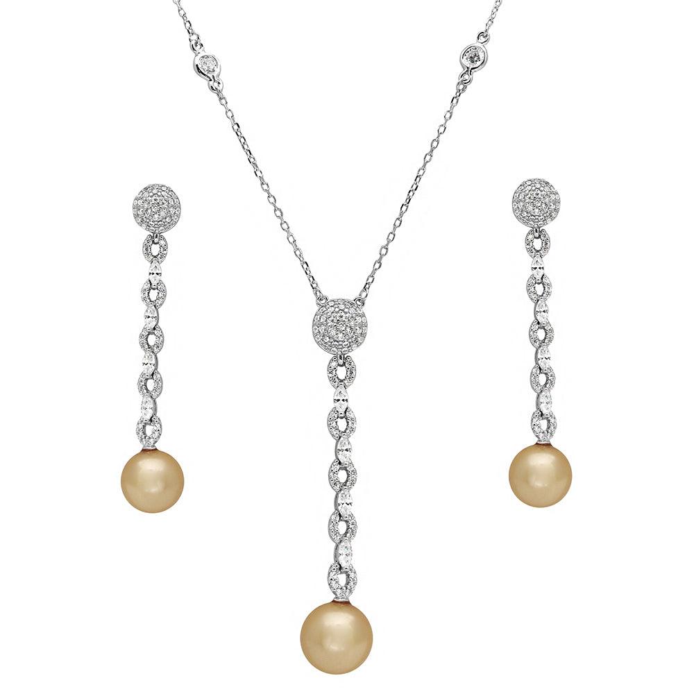Rhodium Plated 925 Sterling Silver CZ Drop Pearl Set - BGS00493