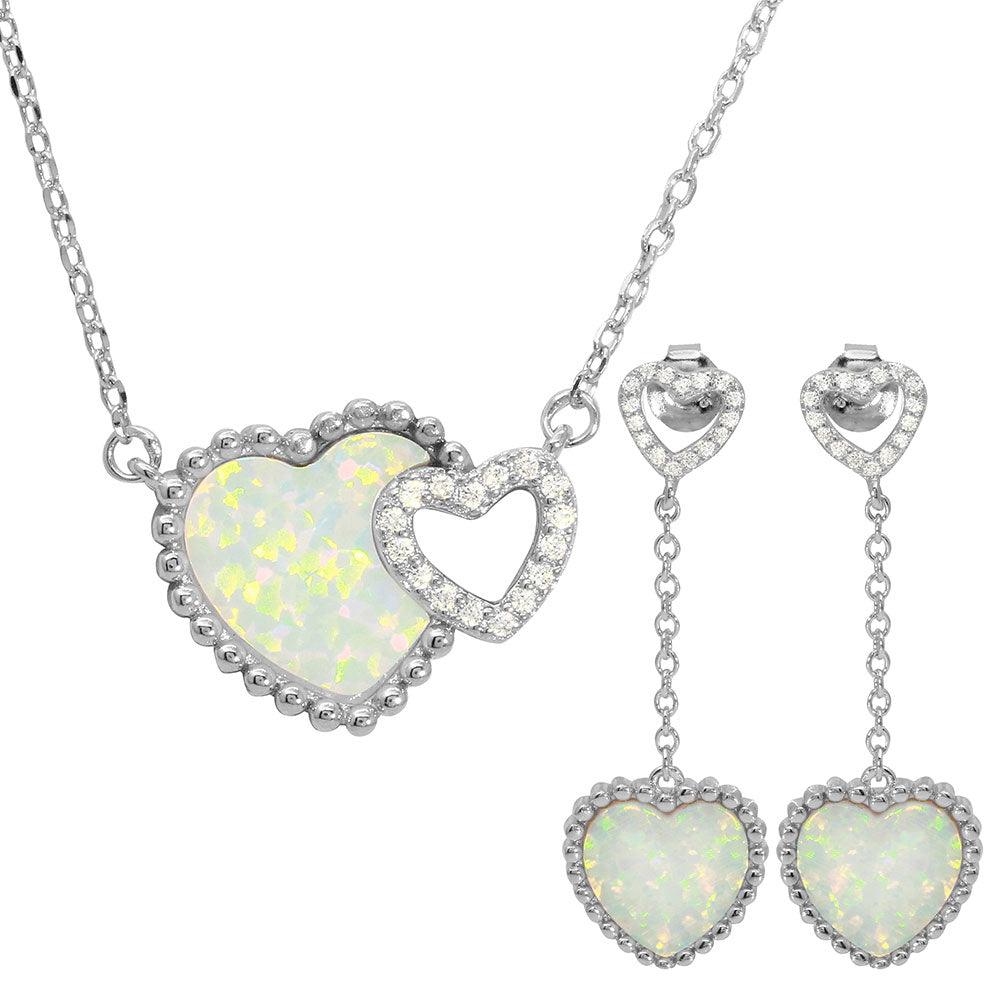 Rhodium Plated 925 Sterling Silver Double Heart CZ and Opal Matching Set - BGS00495