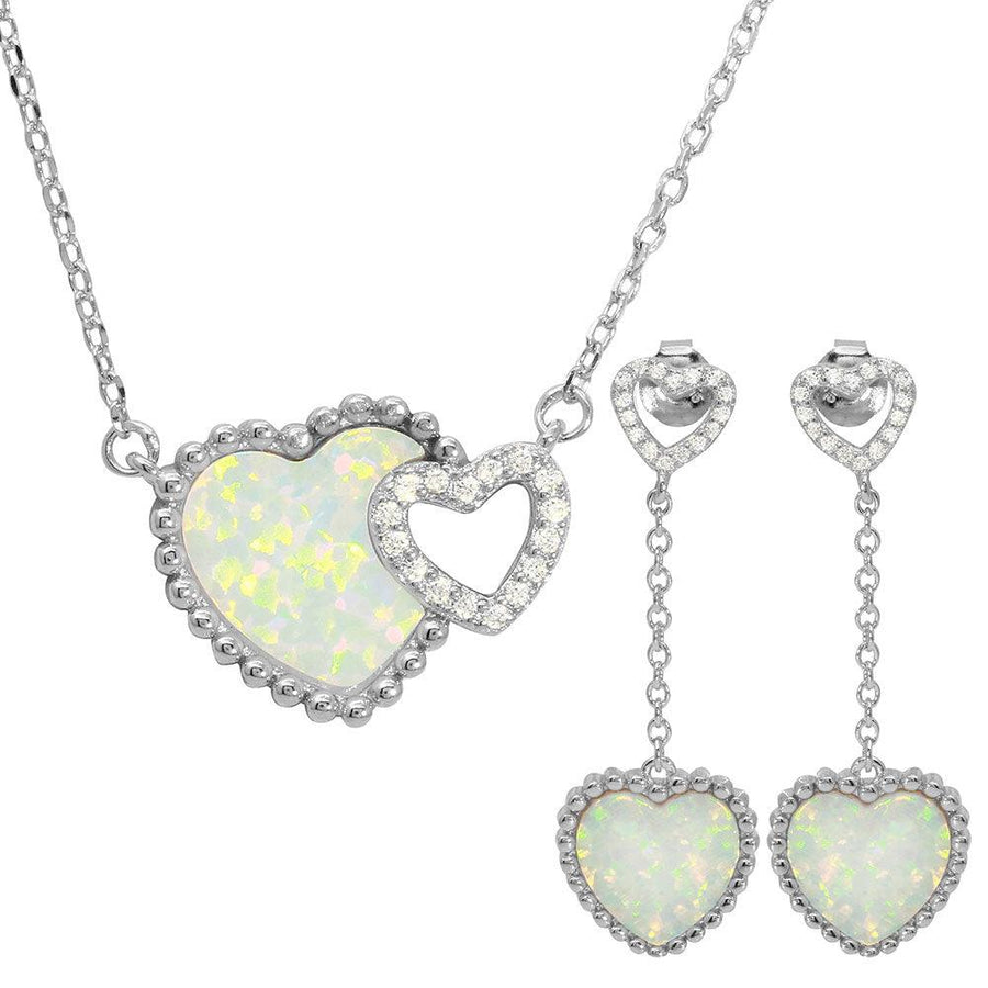 Rhodium Plated 925 Sterling Silver Double Heart CZ and Opal Matching Set - BGS00495