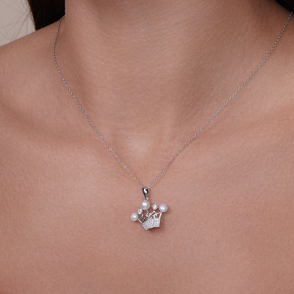 Rhodium Plated 925 Sterling Silver CZ Crown Pendant and Earrings Set with Synthetic Pearls - BGS00540