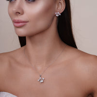 Rhodium Plated 925 Sterling Silver CZ Crown Pendant and Earrings Set with Synthetic Pearls - BGS00540