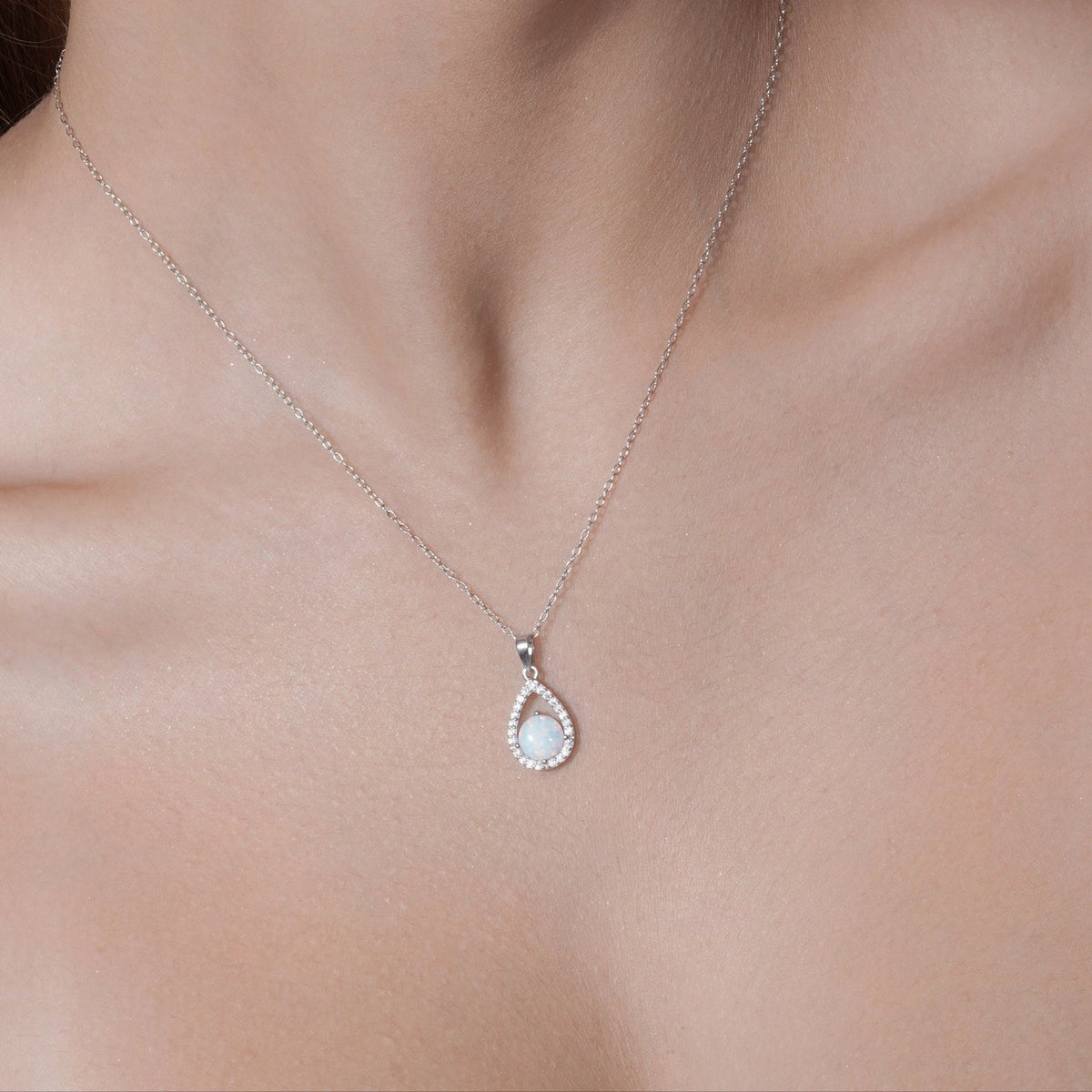 Rhodium Plated 925 Sterling Silver Synthetic Opal Open Teardrop CZ Set - BGS00586