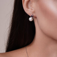Rhodium Plated 925 Sterling Silver Red CZ Heart Dangling Pearl Set - BGS00613