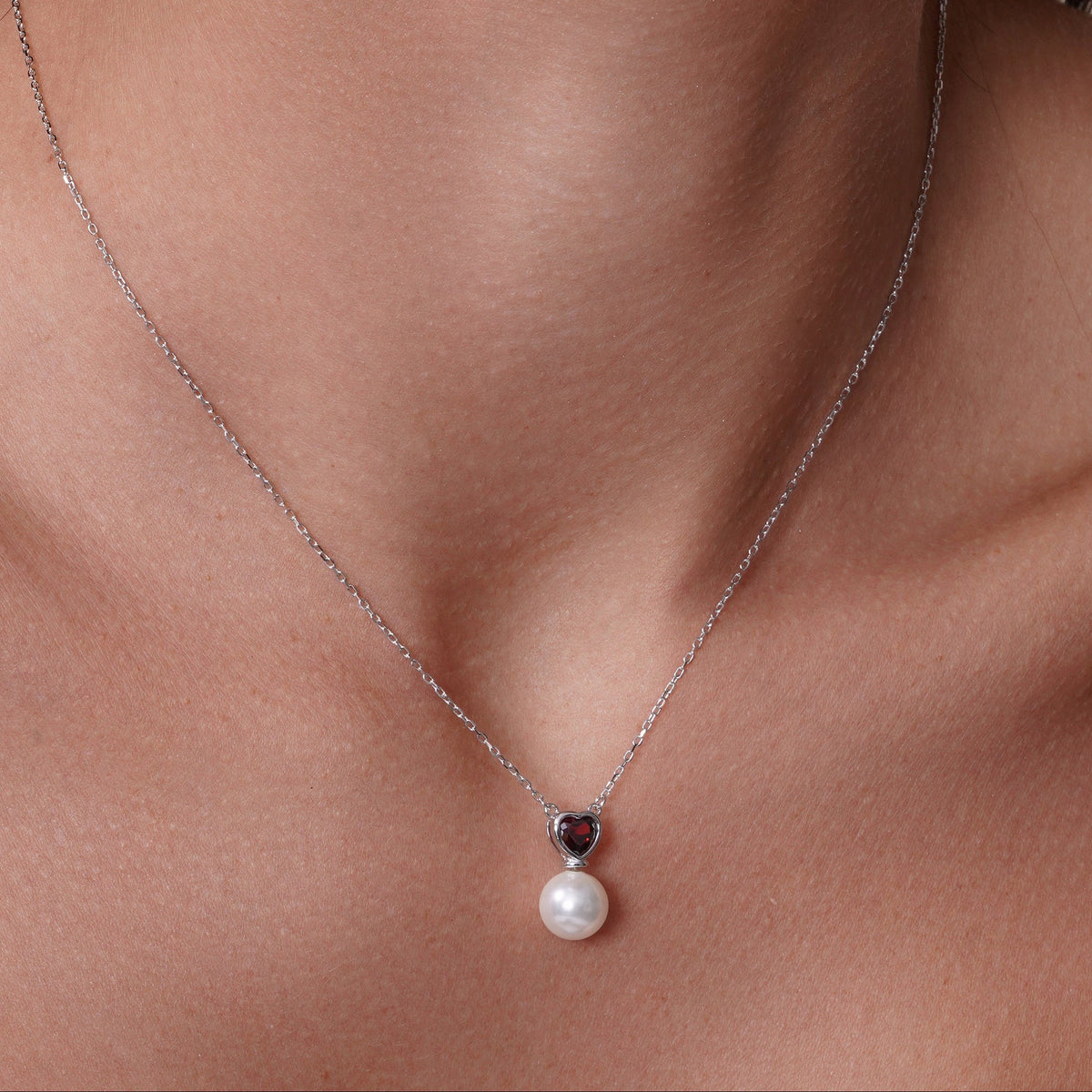 Rhodium Plated 925 Sterling Silver Red CZ Heart Dangling Pearl Set - BGS00613