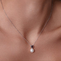 Rhodium Plated 925 Sterling Silver Red CZ Heart Dangling Pearl Set - BGS00613