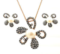 Clearance-Silver 925 Black Rhodium and Gold Plated Pearl Clear Flower CZ Stud Earring and Necklace Set - BGS00317