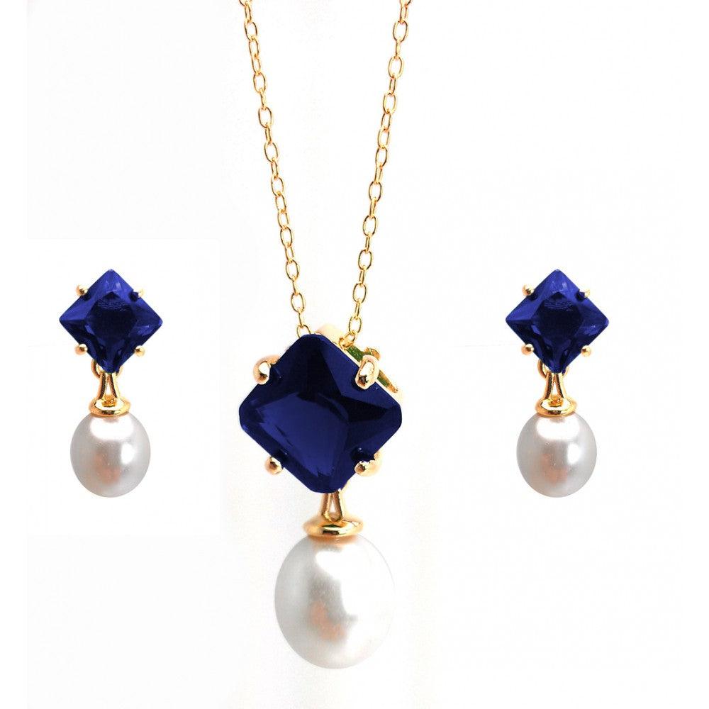 Gold Plated 925 Sterling Silver Pearl Drop Diamond Shaped CZ Birthstone Earring and Necklace Set - BGS00432