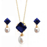 Gold Plated 925 Sterling Silver Pearl Drop Diamond Shaped CZ Birthstone Earring and Necklace Set - BGS00432