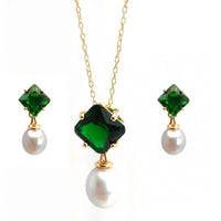 Gold Plated 925 Sterling Silver Pearl Drop Diamond Shaped CZ Birthstone Earring and Necklace Set - BGS00432