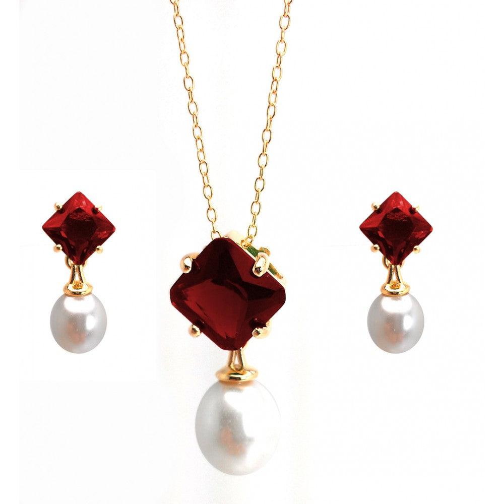 Gold Plated 925 Sterling Silver Pearl Drop Diamond Shaped CZ Birthstone Earring and Necklace Set - BGS00432