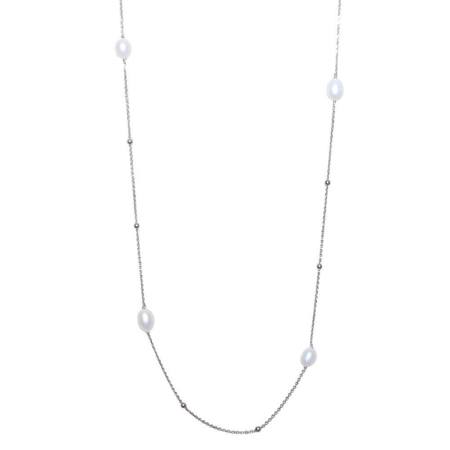 Rhodium Plated 925 Sterling Silver Necklace with Freshwater Pearls and Beads - ECN00028RH