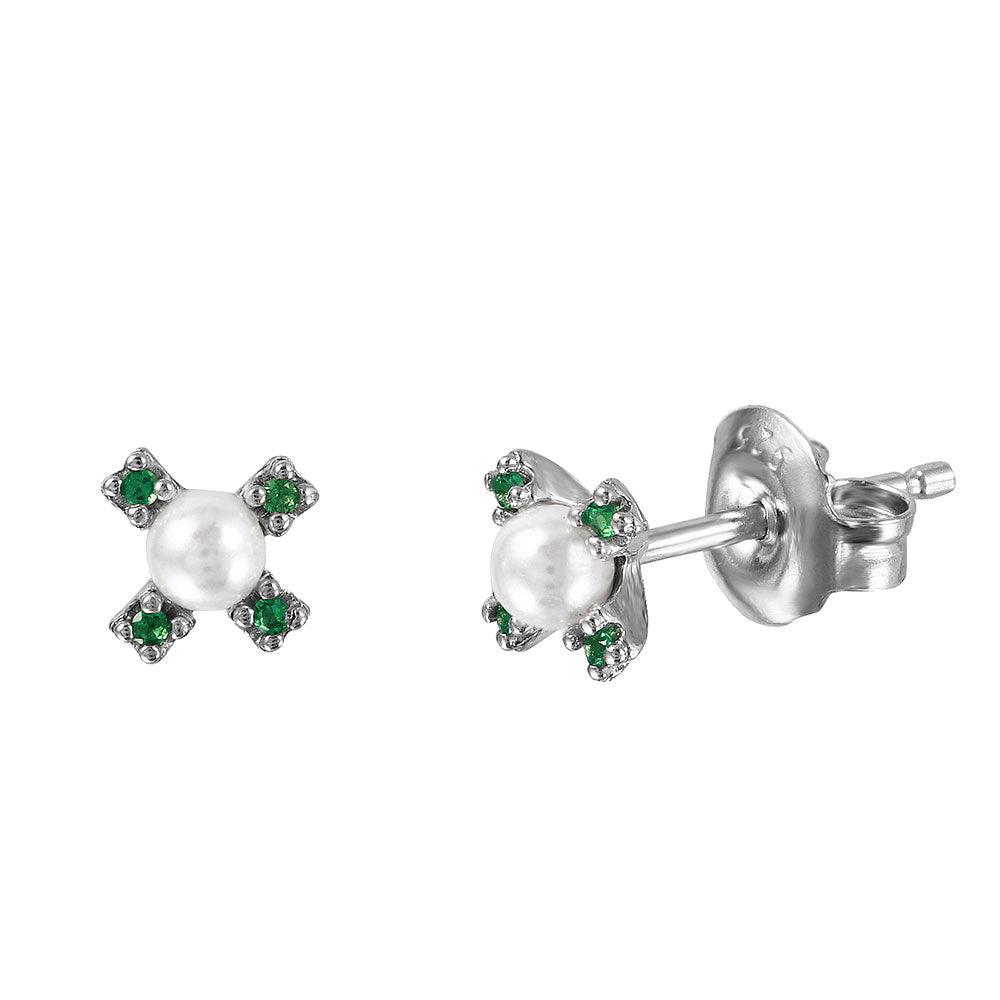 Silver 925 Rhodium Plated CZ Flower Studs with Synthetic Pearl - GME00035RH-GREEN