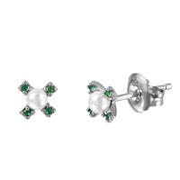 Silver 925 Rhodium Plated CZ Flower Studs with Synthetic Pearl - GME00035RH-GREEN
