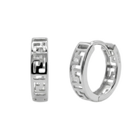 Rhodium Plated 925 Sterling Silver Greek Key Cutout Hoop Earrings - GME00164