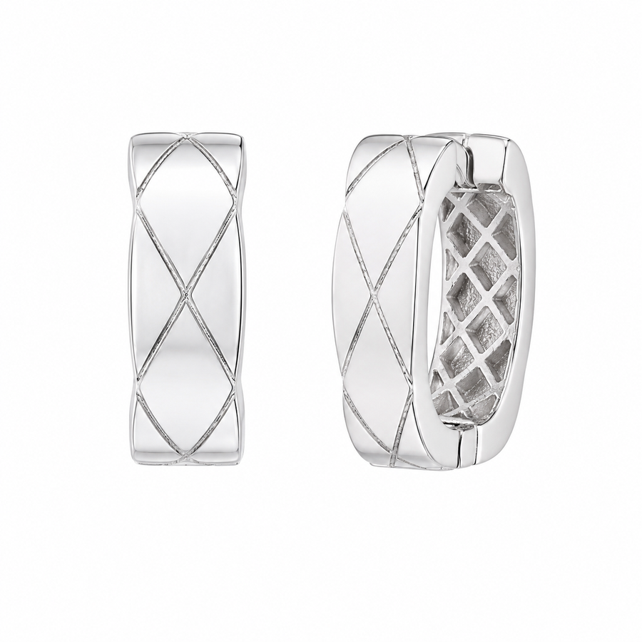 Rhodium Plated 925 Sterling Silver Quilted Geometric Square Huggie Earrings - GME00170