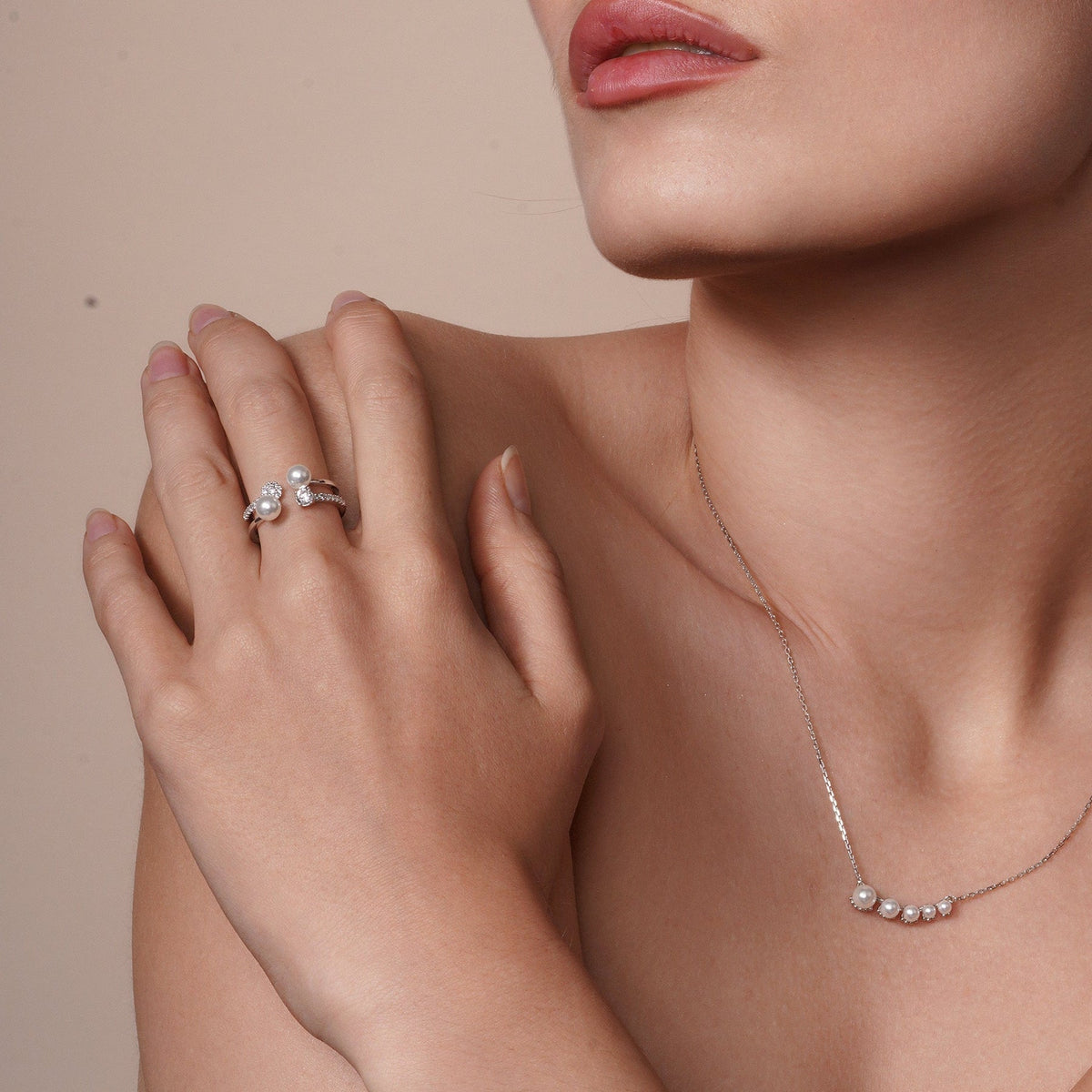Silver 925 Rhodium Plated 2 Row CZ and Synthetic Pearl Ring - GMR00131