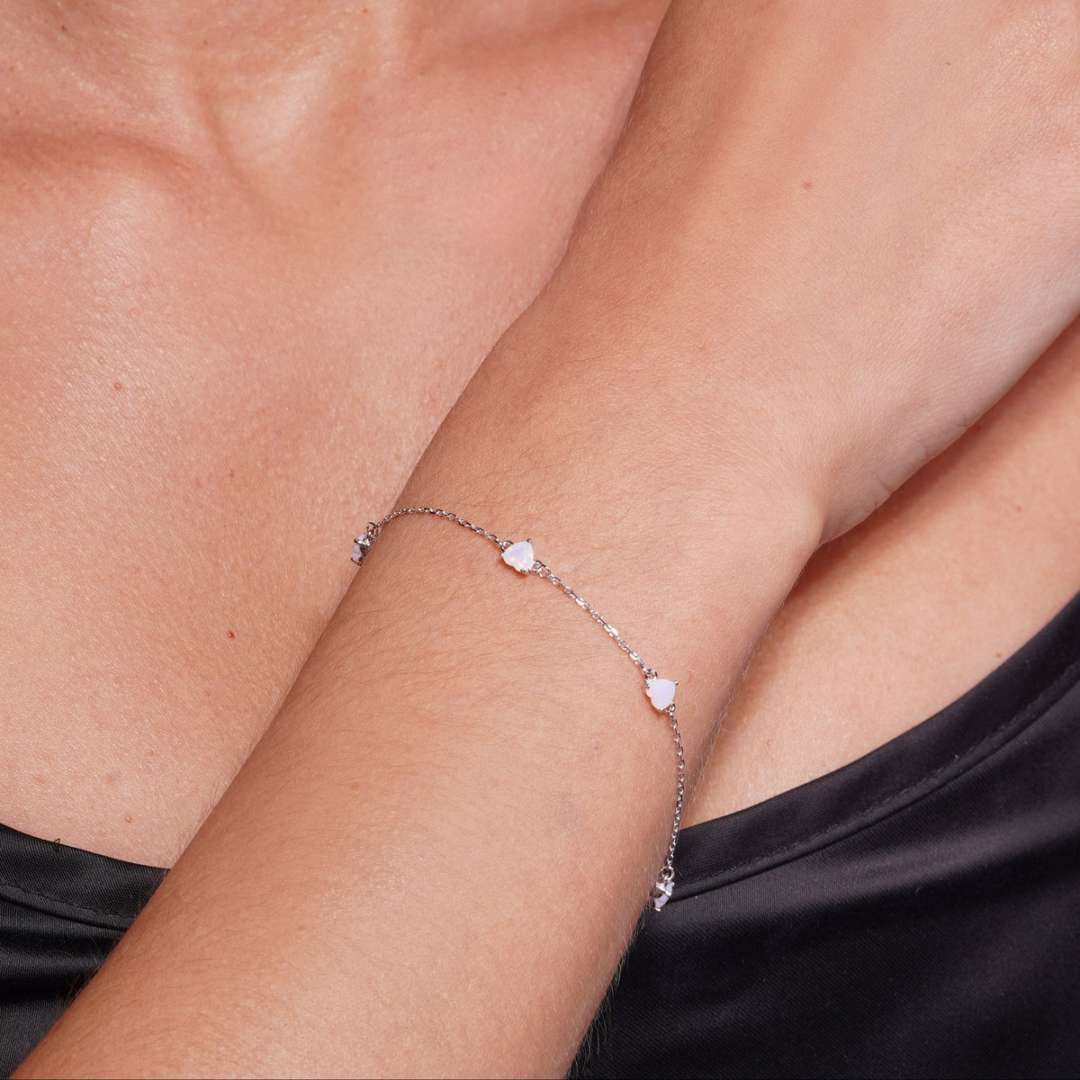Rhodium Plated 925 Sterling Silver Multi Heart Opal Adjustable Bracelet  - GMB00202